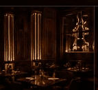 Bar seating with amber lighting