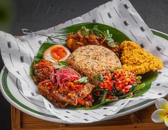Archipelago smoked sei platter, spicy mixed rice with smoked beef and sambal kecombrang